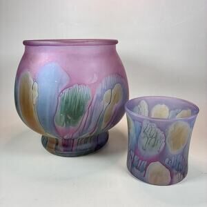 Hand Painted Art Glass Vase Set: Pastel Drip Design, 1980s USA